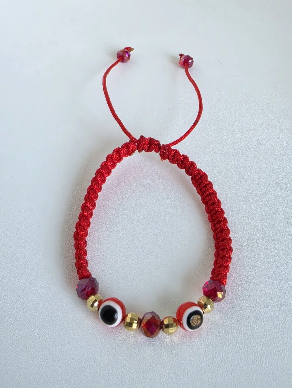 Handmade Red Evil Eye Adjustable Macrame Bracelet Gold Beads Protection Lucky